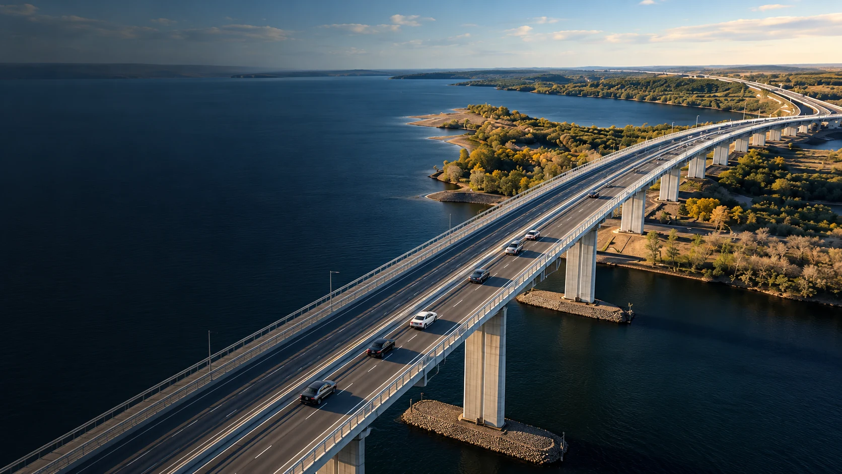 Concept aerial view of a modern bridge over a reservoir